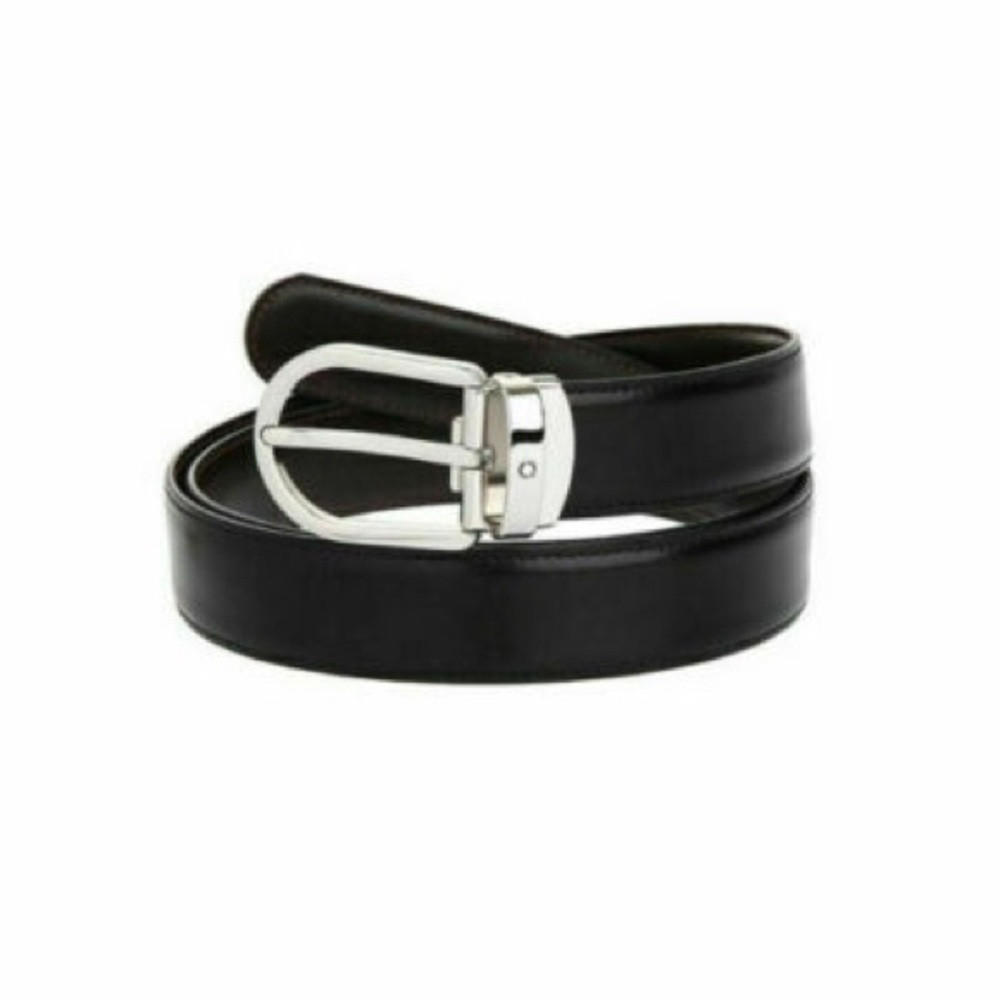 Mont Blanc Black Leather Belt with Silver Buckle